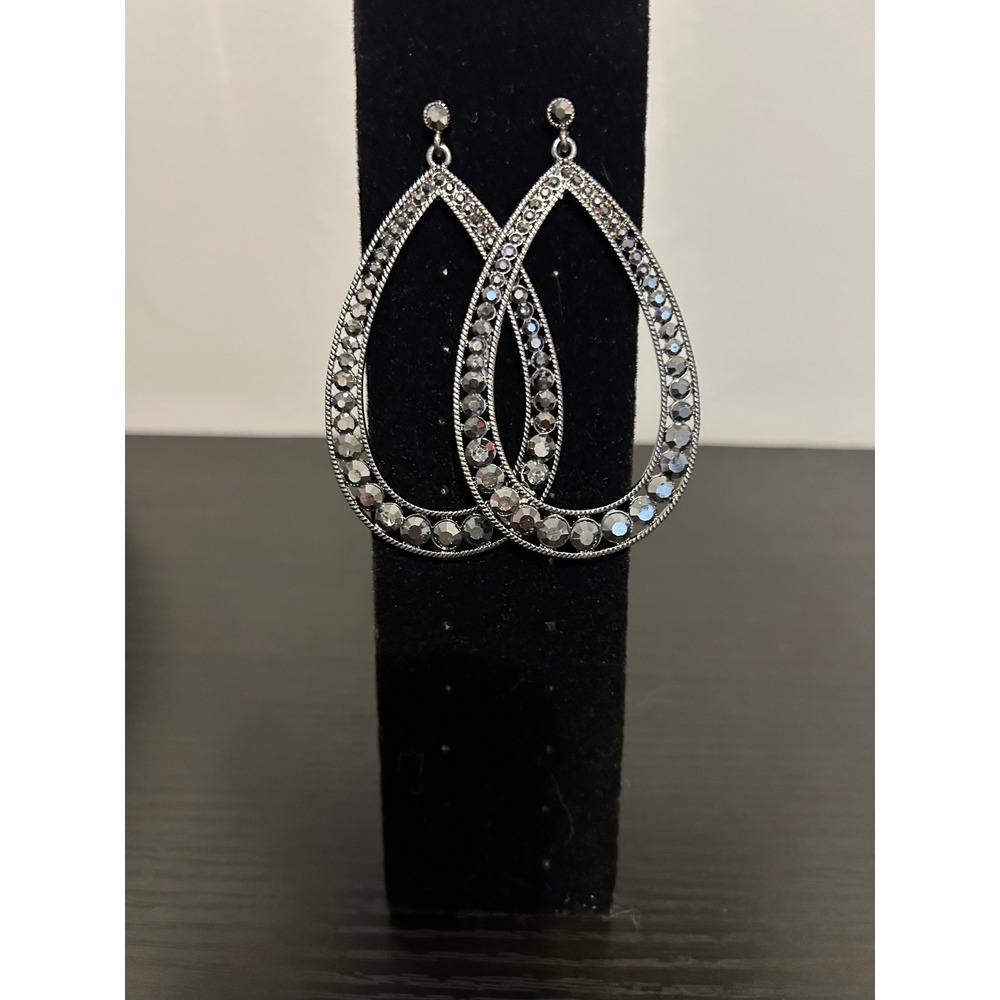 Silver Tone Hematite Crystal Pave Teardrop Hoop Drop Earrings Womens